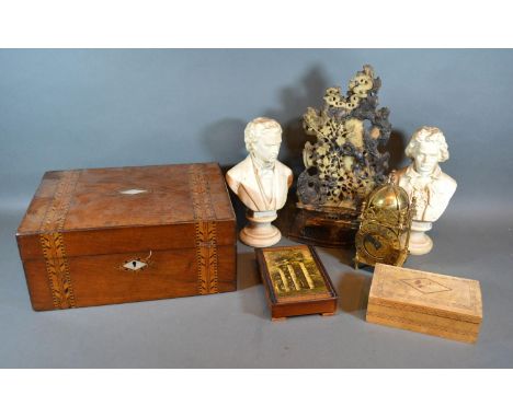 A Carved Soapstone Panel together with a pair of plaster busts, a Smiths brass cased lantern clock, a Victorian walnut inlaid