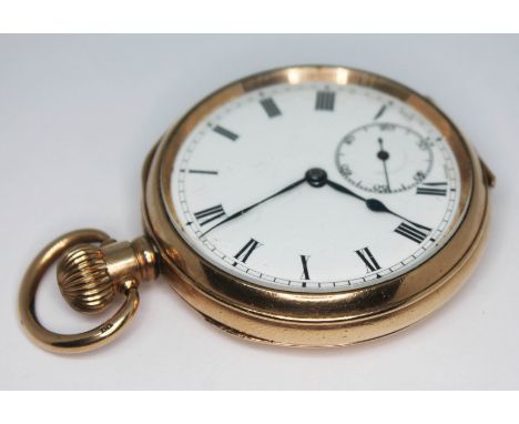 An early 20th century gold plated pocket watch with white enamel unsigned dial having Roman numerals, spade hands and seconds