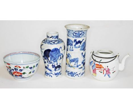 Four pieces of 19th century Chinese porcelain comprising a blue,white and iron red decorated bowl bearing Xuande six characte