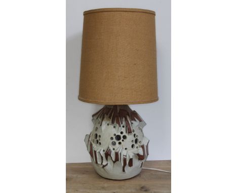 A retro stoneware lamp and shade, height 75cm.  