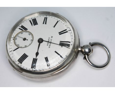 A late Victorian hallmarked silver pocket watch, the white enamel dial signed H. Stone Leeds, the gilded movement plate numbe