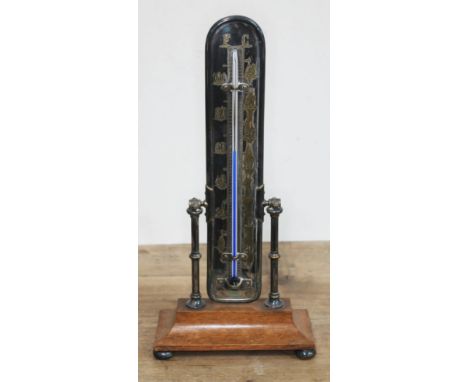 A silver plated thermometer on oak base, height 37cm.  
