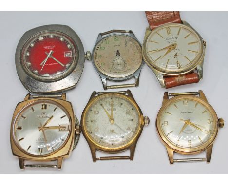 A collection of six vintage mechanical wristwatches for spares and repairs, makes including Oris, Ingersoll, Breil, etc.  Con