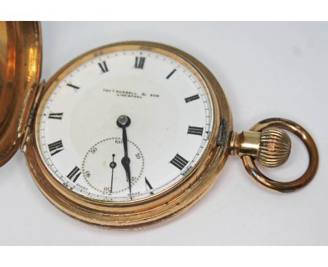 An early 20th century Thomas Russell &amp; Son gold plated full hunter pocket watch, the signed white enamel dial having Roma