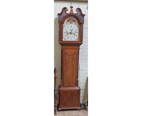 A George III mahogany eight day long case clock, the case attributed to Gillows Lancaster with brass finial, broken swan neck