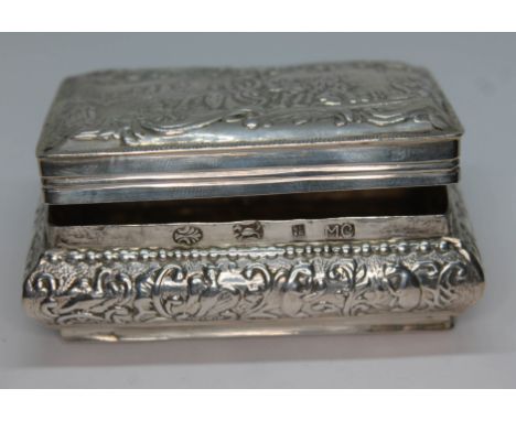 A Dutch export silver snuff box, embossed with various scenes, pseudo hallmarks and export marks, length 8cm, wt. 2 1/2oz.