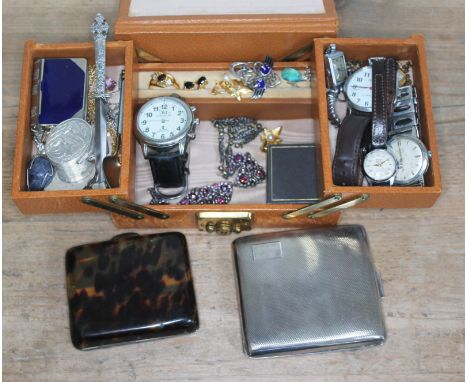 A jewellery box and contents including a hallmarked silver cigarette case, a Swedish silver spoon, watches, costume jewellery