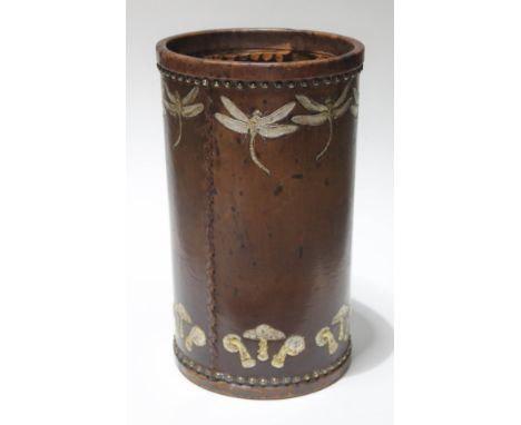 An Arts & Crafts embossed and studded leather stick stand decorated with dragonflies and mushrooms, Finnigans Manchester, hei