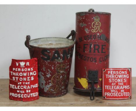 A Victorian cast iron sign "Persons Throwing Stones At The Telegraph Will Be Prosecuted", another similar enamel examples, a 