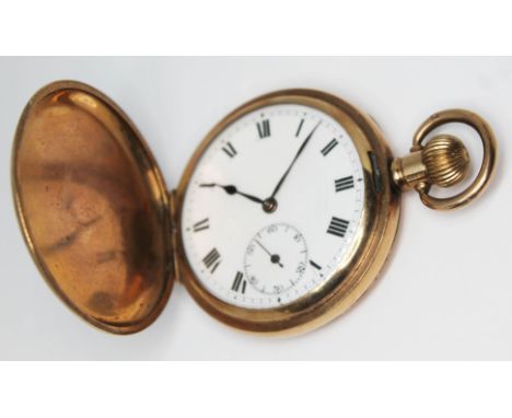 An early 20th century Swiss made gold plated full hunter pocket watch with unsigned white enamel dial having Roman numerals, 