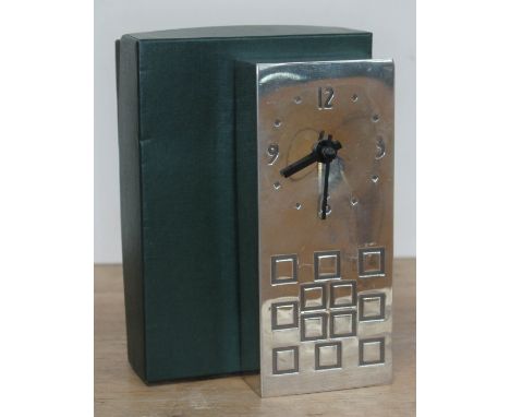 A modern Charles Rennie Mackintosh design pewter mantle clock, height 18.5cm.  
