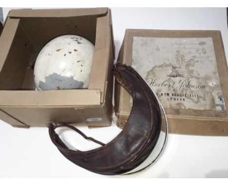 A HERBERT JOHNSON vintage motor racing helmet in box with two visors, a pair of goggles and a pair of gloves. 