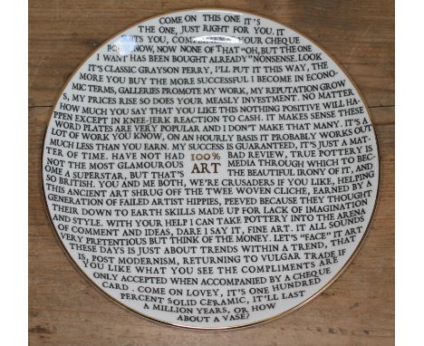 Grayson Perry RA (b.1960) 100% Art Plate, 2020 fine china plate, with artist's seal printed to base, produced for The Holburn