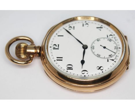 A gold plated Syren pocket watch in 50mm Dennison case, the unsigned white enamel dial having Arabic numerals, spade hands an