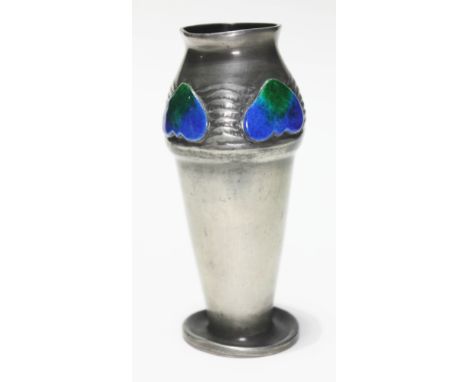 A Liberty &amp; Co Tudric pewter vase with enamel hearts, number 02510, height 18.5cm. Condition - a little bashed about, foo