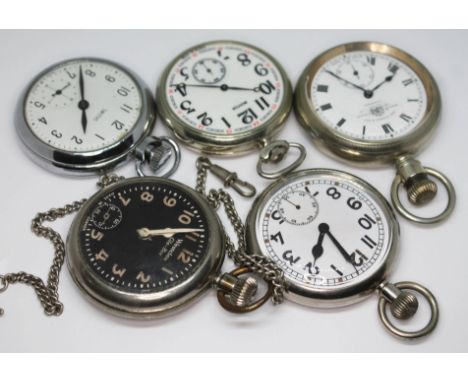 A collection of five pocket watches comprising a nickel plated Thomas Russell &amp; Son, a 1920s Westclox 'Glo-Ben', a Russia