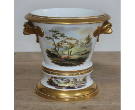 A Spode porcelain urn, height 16cm.  Condition - hairline to base of top section, losses to gilding etc.