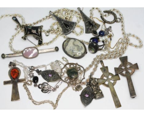 A mixed lot of hallmarked silver and white metal jewellery including Celtic style, etc.  