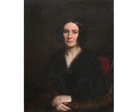 19th Century School, 3/4 length portrait of a lady, seated looking left with ringlets in her hair, wearing a black gown with 