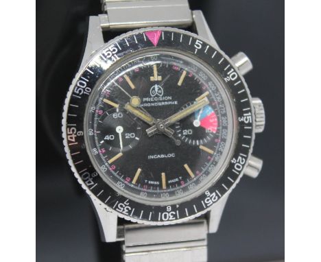 A vintage stainless steel Ollech &amp; Wajs Precision Chronographe wristwatch, ref. 2957, the signed black dial having lumed 