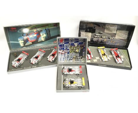 Three Minichamps Infineon Audi R8 1/43 scale sets: #200000 01411 Le Mans Hattrick 2000, 2001 & 2002, Frank Biela/ Tom Kristen