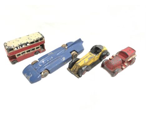 Four Pre-War diecast models: Britains Bluebird Land Speed Record Car; Johillco Double-Decker Bus; Taylor and Barrett Fire Eng