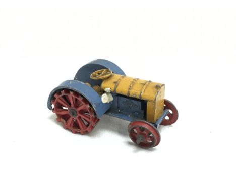 Dinky Toys 22e Pre-War Tractor, early issue without hook and 'Hornby Series' to base, in blue with yellow body, steering whee