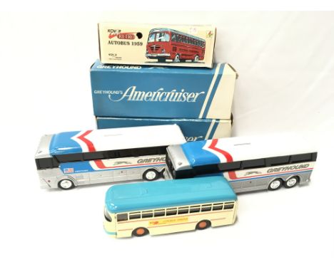 Two Jimson (Hong Kong) Greyhound Americruiser plastic money box models, together with Kovap Retro Bussing 1959 tinplate model