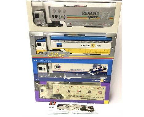 Four Eligor/ Surber Ranult F1 Race Car Transporter Lorries, 1/43 scale: #7711221825 Renault Magnum F1 2002; #7711147548 AE Wi