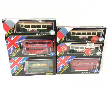 Six Solido diecast buses, includes London Country 'Brymay Matches' and 2 x London Double-Decker 'Maples Furniture'. Appear E-
