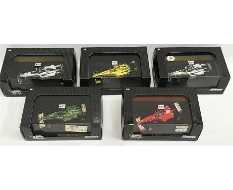 Five Mattel Hot Wheels 2000 Racing 1/43 scale cars: #26755 Jarno Trulli; #26749 Rubens Barrichello; #26753 Johnny Herbert; #2