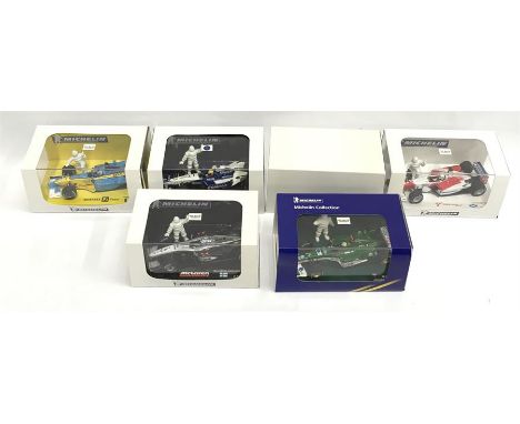 Six Minichamps 1/43 scale Michelin F1 racing car models: Renault F1 R202 J. Trulli; Williams F1 BMW FW24 R. Schumacher; Toyot