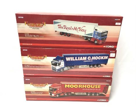 Three Corgi 1/50 scale Hauliers of Renown models: CC14011 Volvo FH Curtainside - William C Hockin Transport Ltd.; CC13818 Mer