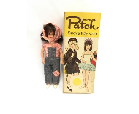 Pedigree Sindy's Little Sister Patch doll Ref. 9GPS, brunette with dungarees, head scarf and shoes. VG with general play wear