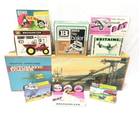 Six empty Britains boxes for: 9670 Dump Truck (VG, includes inner tray, bricks on sprue and 'New From Britains' card); 9535 M