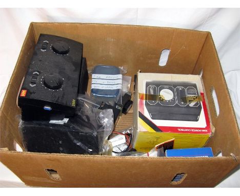 A tray containing mostly 12V Model Railway Electrical items including a HORNBY HM 2000 Train Conrtoller, R900 and 902 Power a