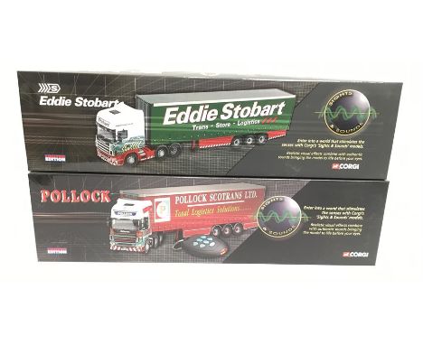 Two Corgi Sights and Sounds 1/50 scale models: CC12936 Scania Topline Curtainside Trailer Eddie Stobart; CC12931 Scania Topli