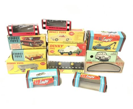 13 x empty diecast boxes: 4 x Dinky (130; 185; 428; 215); 2 x Corgi (239; 100); Solido Citroen 'AMI 6'; Mebetoys A23 Chaparra