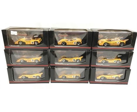 Nine Minichamps 1/43 scale McLaren Collection models: #530 714305 M8F; #530 704307 M8D; #530 684305 M8A; #530 694304 M8B; #53