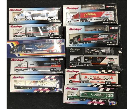 Ten Corgi/ Race Image 1/64 scale Racing Car Transporter models, includes #32561 Featherlite Trailer with Tractor'The Family C