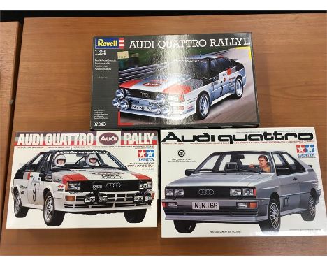 Three Audi Quattro model kits: Tamiya 2431A (sealed); Tamiya 24036 Rally, F.Ponsb, M.Moutono; Revell 7246 Rally. Appear compl