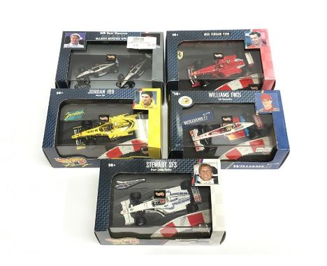 Five Mattel Hot Wheels Racing 1/43 scale cars: #24624 Stewart SF3, Johnny Herbert; #24625 Williams FW21, Ralf Schumacher; #22