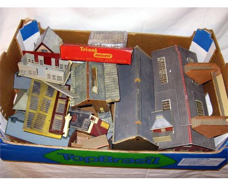 3 x Boxes of Scenic Items containing a large number plastic and Card Kit built Stations, Signal Boxes, a Goods and Engine She