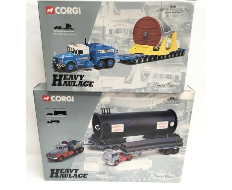 Two Corgi Heavy Haulage 1/50 scale models: #31014 Sunter Brothers Guy Invincible Long Platform Trailer, Pipe Load & Diamond T