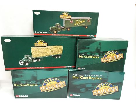 Five Corgi Heavy Haulers 1/50 scale models: US51404 International Transtar with Crushed Car Load - Lindquist Trucking Co.; US