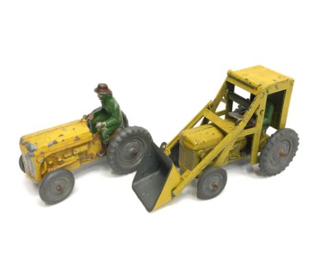 Benbros Tractor with front bucket attachment in yellow with green driver and bare metal cast wheels. Good example of this sca