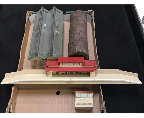 Hornby Dublo Pre-War 00 Gauge Wooden Buildings: Station with red roof (G, small crack to roof); Truro Signal Box with red roo
