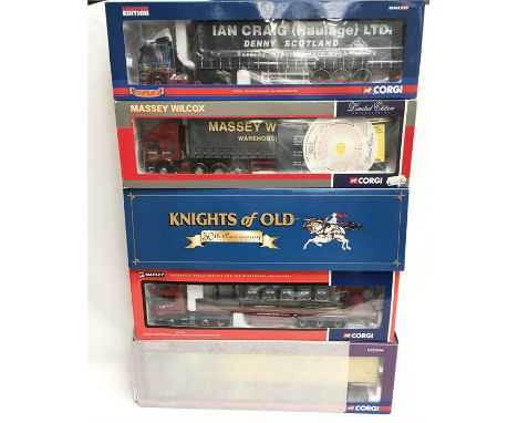 Five Corgi 1/50 scale trucks: CC13512 Volvo FM Curtainside - Ian Craig Haulage Ltd.; #75206 ERF Curtainside - Massey Wilcox; 