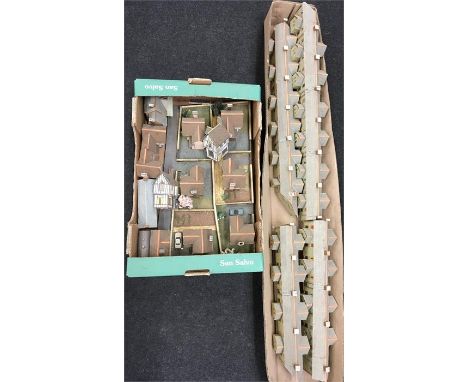 Quantity of cardboard and plastic model houses for a railway layout, includes two rows of council houses. Contained in two bo