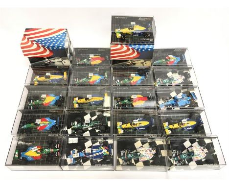 Quantity of Minichamps 1/43 scale Benetton Formula 1 racing cars: #430 860019; #430 860020; #430 970007; #400 010108; #400 01